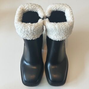 INC International Concepts Black Ankle Rain Boots with White Sherpa Cuff New 8